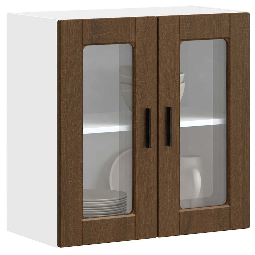 Wall Mounted Kitchen Cabinet with Glass Door Porto Collection Brown Oak Effect
