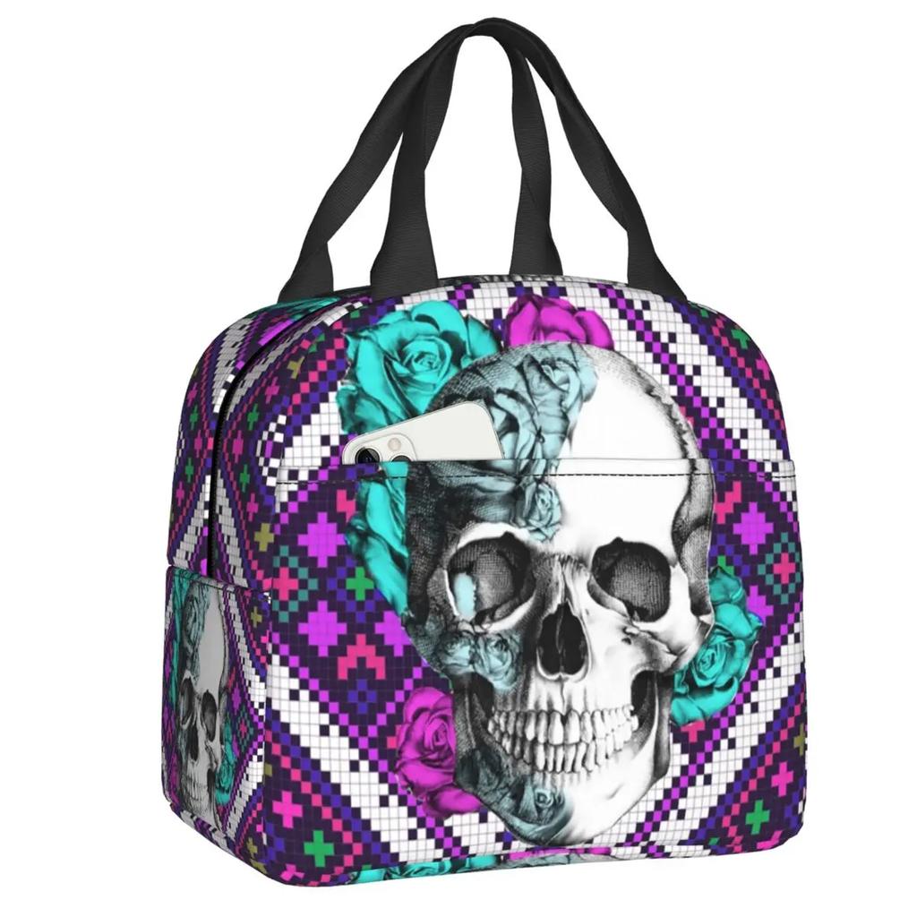Navy Fade Victorian Lace Skull Resuable Lunch Box Multifunction Mexican Day Of The Dead Thermal Cooler Food Insulated Lunch Bag