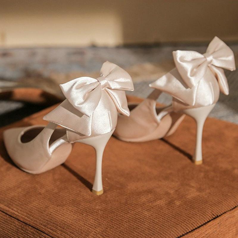 2024 Spring And Summer New White Pointy High Heels Ladies Thin Heel Single Shoes Butterfly Wedding Shoes Small Bride Shoes