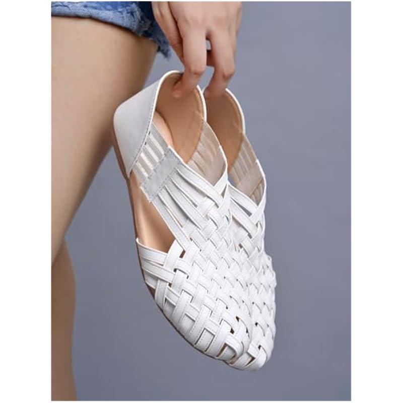 Shoetopia Women'S White Woven Ballerina Flats Ethnic Style Comfortable Slip-On Juttis With Closed Toe For Casual & Fest