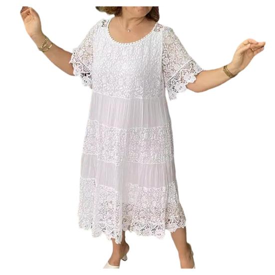 Summer Women Dress Lace Patchwork Round Neck Short Sleeves Hollow Out Flower Embroidery Pleated Loose Mid-calf Length Shopping Dating Dress