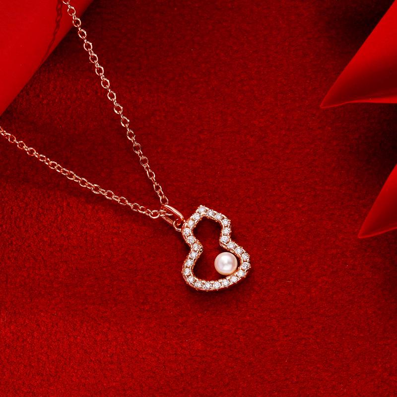 

S925 Sterling Silver Pearl Gourd Necklace: Women s New Chinese Style, Inlaid Diamond, Light Luxury Pendant 925 Silver розового золота