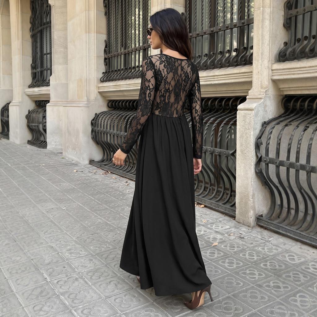 Autumn New European and American Women's Clothing French Elegance Temperament Square Neck Lace Splicing Long-sleeved Dress