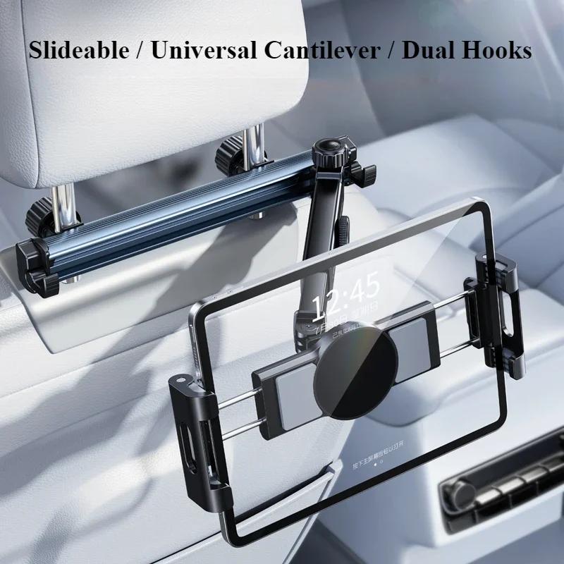 Oatsbasf Car Tablet Holder for Headrest Extension Arm Adjustable Car Mount for Back Seat Phone Stand for iPhone iPad with Hooks