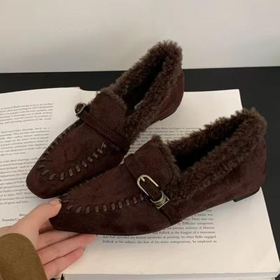 Fur Women Cotton Shoes Flats Fashion Casual Suede Loafers Shoes for Woman Snow Boots  New Comfort Square Toe Mujer Zapatos