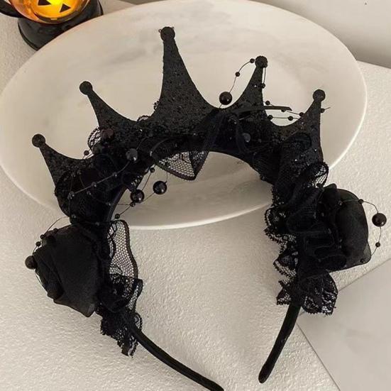 Women Headband Crown Lace Decor Hair Hoop Halloween Dark Style Elastic Headwear