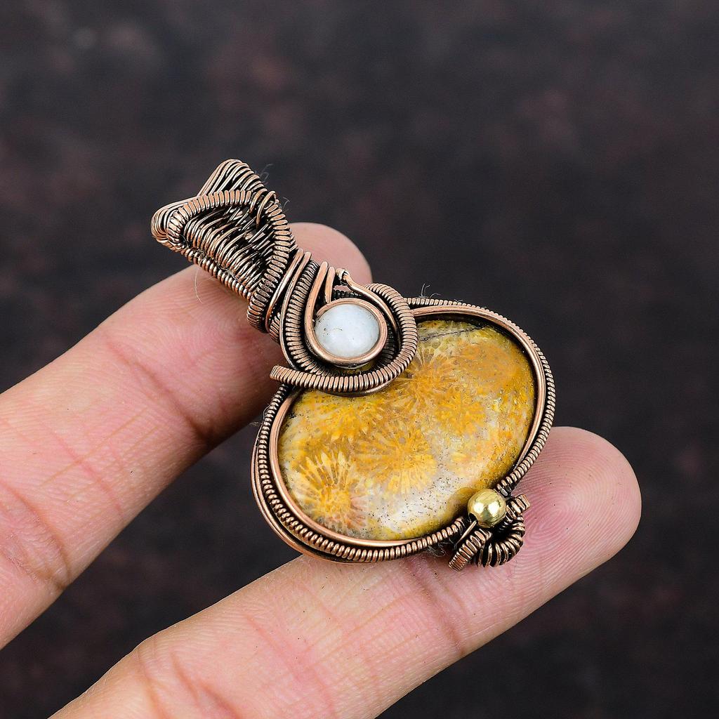 Fossil Coral Pendant Copper Wire Wrapped Pendant Moonstone Gemstone Pendant Copper Jewelry Handmade Boho Pendant Wire Wrap Jewelry For Gift