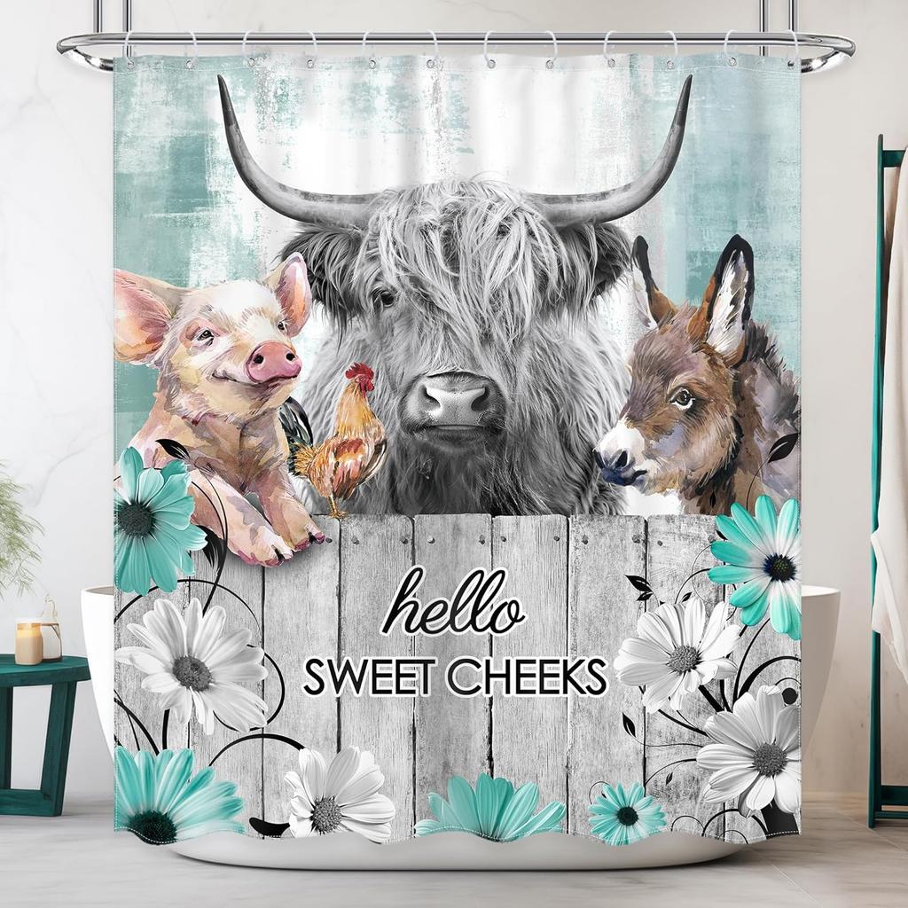 Funny Cow Shower Curtain with Western Bull & Donkey Design – Rustic Barn Door Farm Animal Bathroom Decor