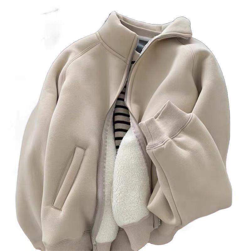 Warm Lamb Wool-Style Zipper Jacket: Autumn/Winter Casual Stand-Up Collar Sweatshirt