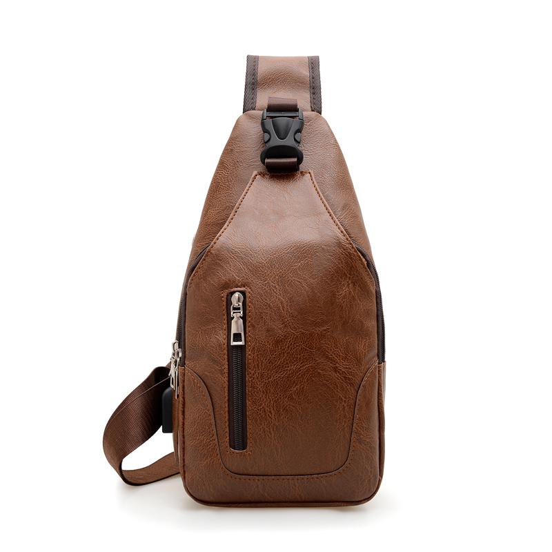 Simple and Fashionable Casual Solid Color PU Multifunctional USB Charging Zipper Man's Chest Bag Crossbody Bag for Commuting
