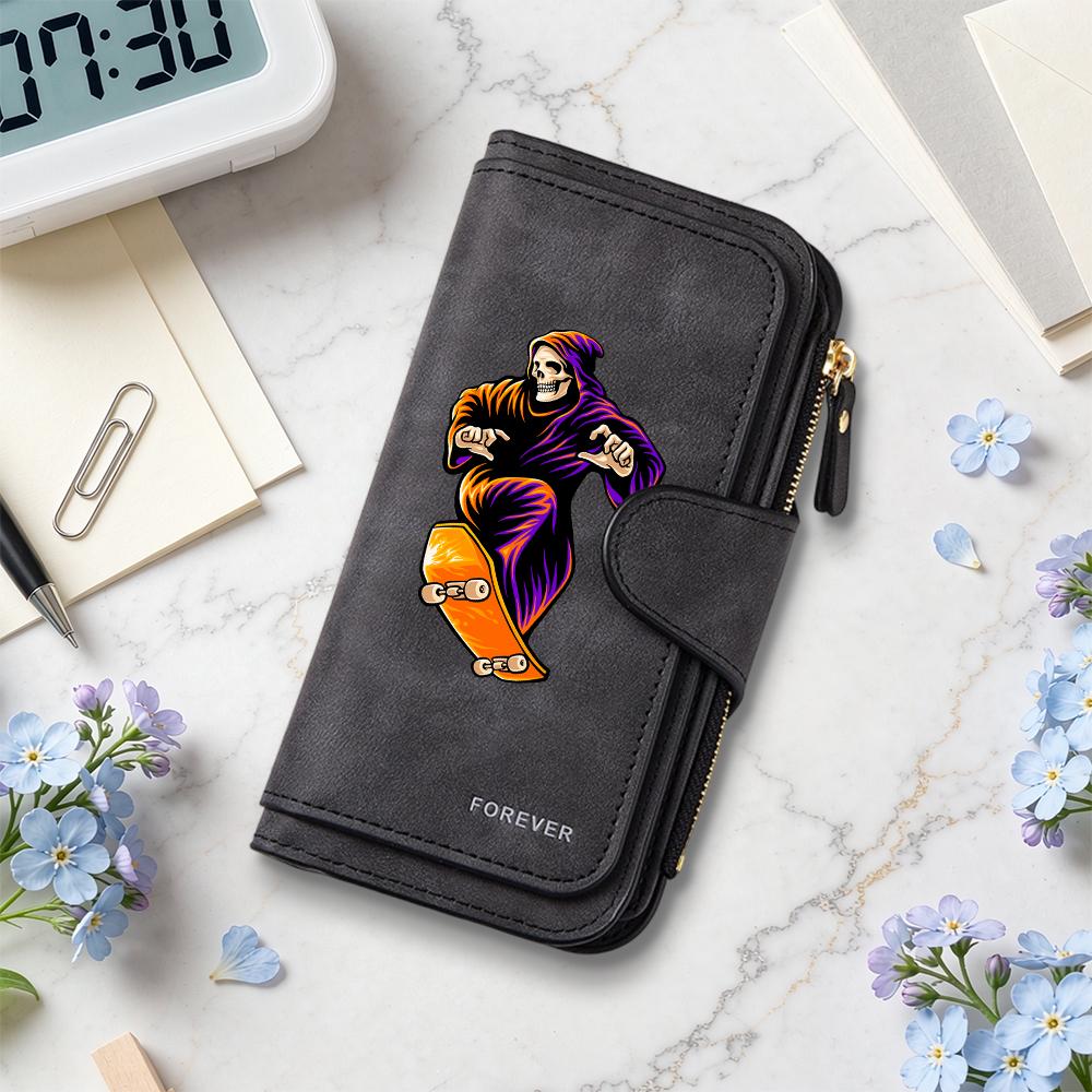 Grim Reaper Skate Pattern Long Wallet Forever Stylish Portable Card Holder Purse for Daily Use