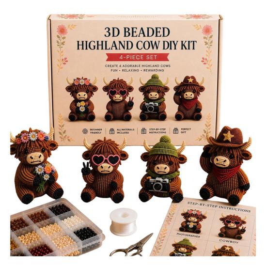 3D Perlen Highland Rind Bausatz für Erwachsene, Kleine 3D Perltiere, DIY Perlen-Set, Highland Rind Perlenstickerei Kits, 4 Niedliche Designs Rind Thema Perlenarbeiten