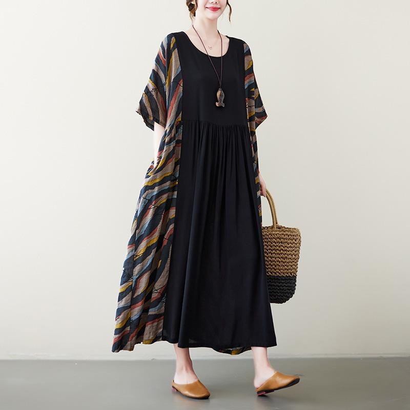 Real shot summer new literary retro fat mm printing contrasting color short-sleeved dress women