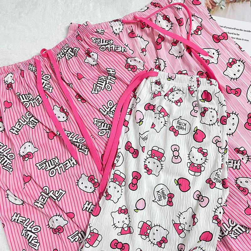 Letnie Spodnie Piżamowe Hello Kitty w Koreańskim Stylu dla Kobiet - Urocze, Luźne i Nadające Się do Noszenia na Zewnątrz.