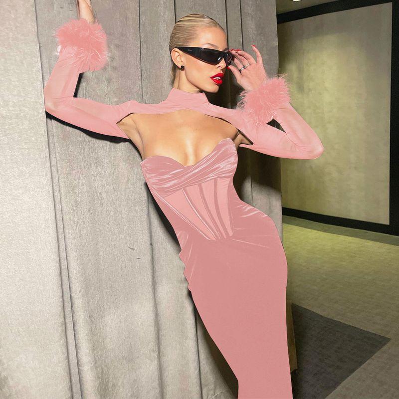 

Sexy Dress Fashion 2023 Summer Women s Stuffed Mesh Stitching Sexy Nightclub Cut Out Long Dress Slim Dress Pink M