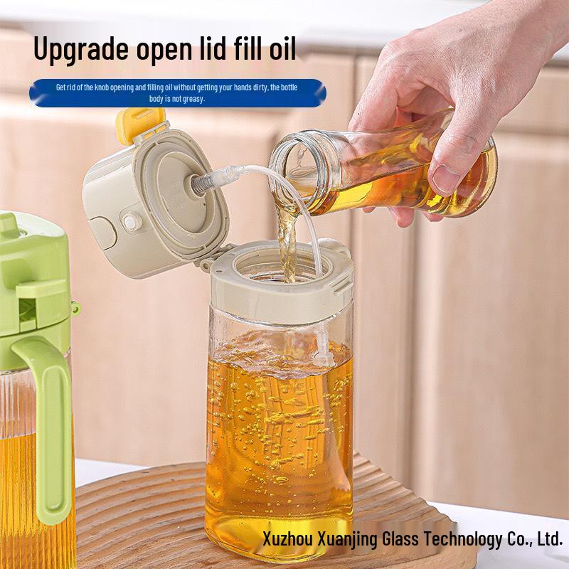 Large Capacity Glass Oil Dispenser with Handle - Side Opening, Non-Drip, Pressing Atomization for Kitchen Use