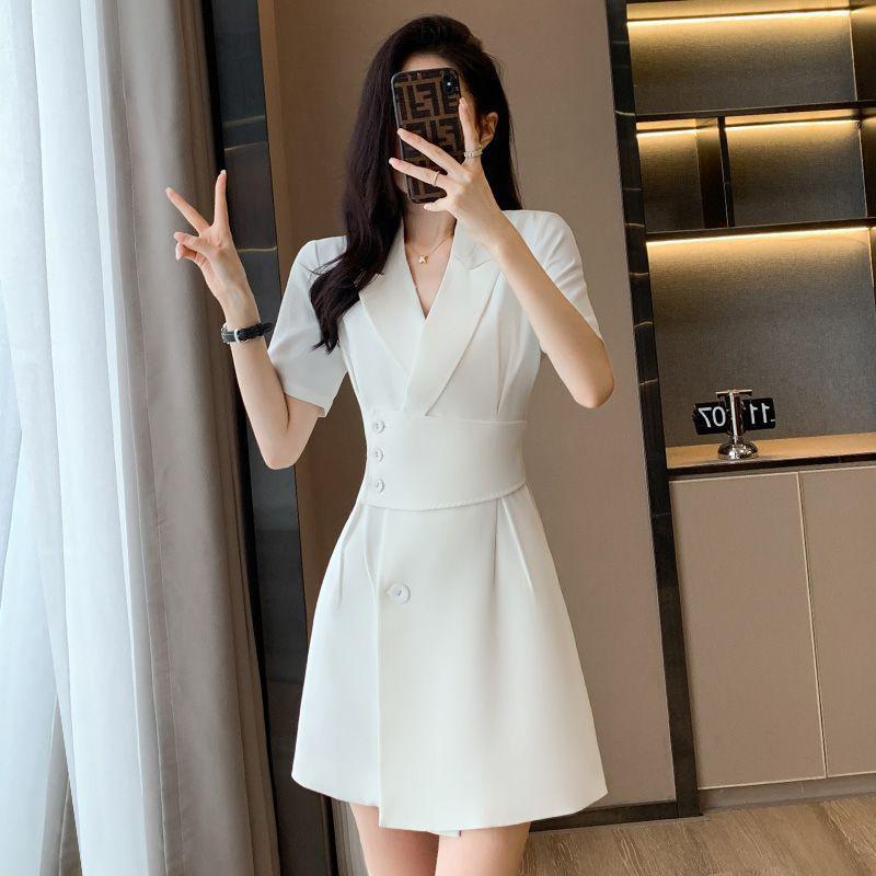 Summer New Office Lady Elegant Fashion Waist Dress Femme Short Sleeve Temperament Solid Robe Vestidos De Fiesta Women's Clothing