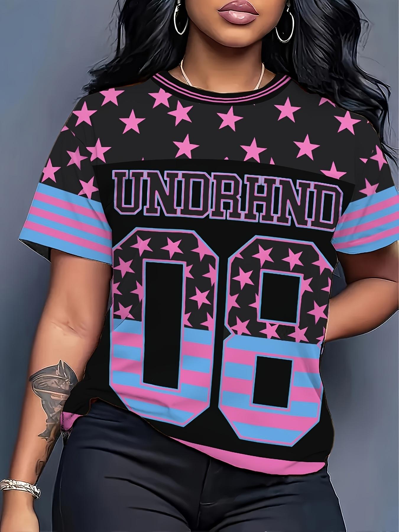 

Retro American Sweet-Cool HND ; Number 08 Print T-Shirt - Color-Blocked Short Sleeve Top with Star Patterns. PinkBlueBlack Contrast. Casual Streetwear XL дубильна кора