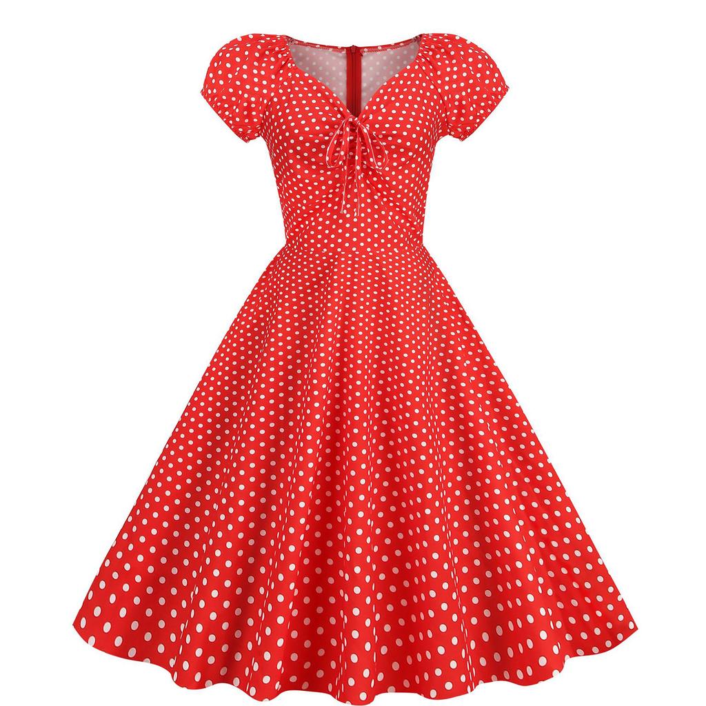 Damen Hepburn-Stil Retro Rock mit Puffkurzärmel Polka Dot Druck Großzügiger Rocksaum Kleid