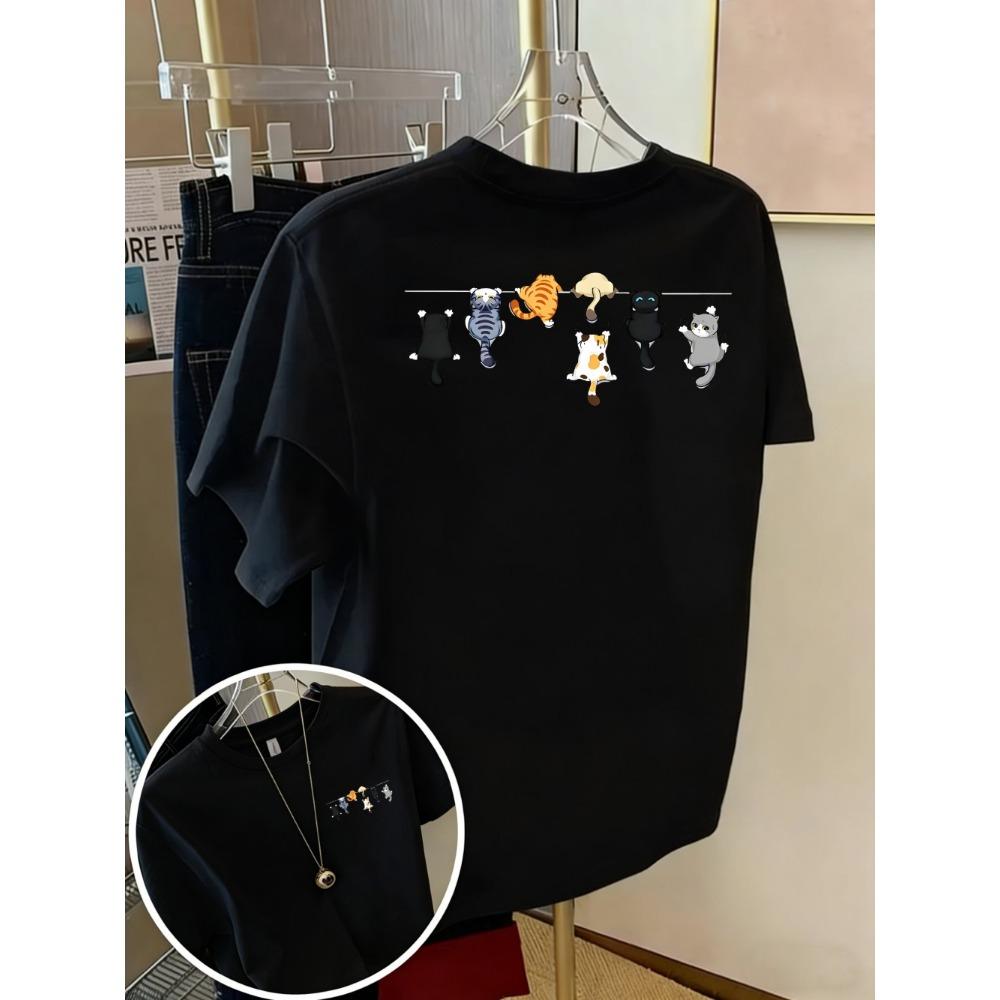 Cartoons Cats Prints T-Shirts Summer Womens Cotton T Shirts Basic O-Neck Oversized Short Sleeve Tops Casual Street Woman Clothes