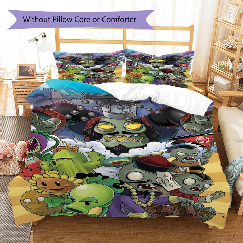 Plants Vs Zombies Chinesischer Stil Zombies und Pflanzen Cartoon Druck 3-teiliges Bettbezug-Set Spiel Anime Bettwäsche Schlafzimmer Dekoration Ohne Kissenkern Bettdecke