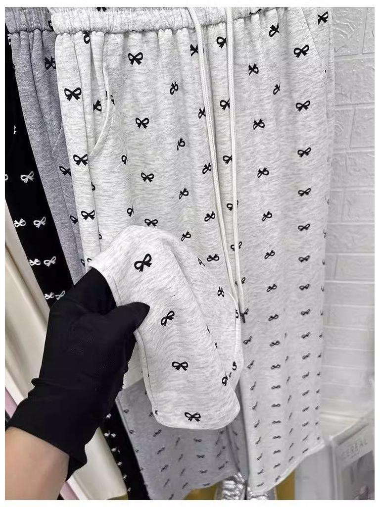 Korean Style Bow Print High Waist Wide Leg Pants for Women - Petite & Slimming, Early Autumn