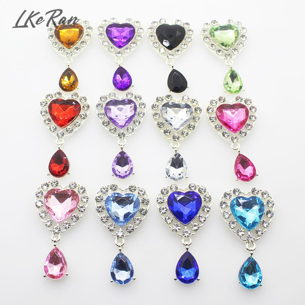New 5Pcs 25mm*45mm Heart Acrylic Rhinestone Pendants Buttons For Wedding Decoration Metal Brooch Hair Bow DIY Jewelry Craft