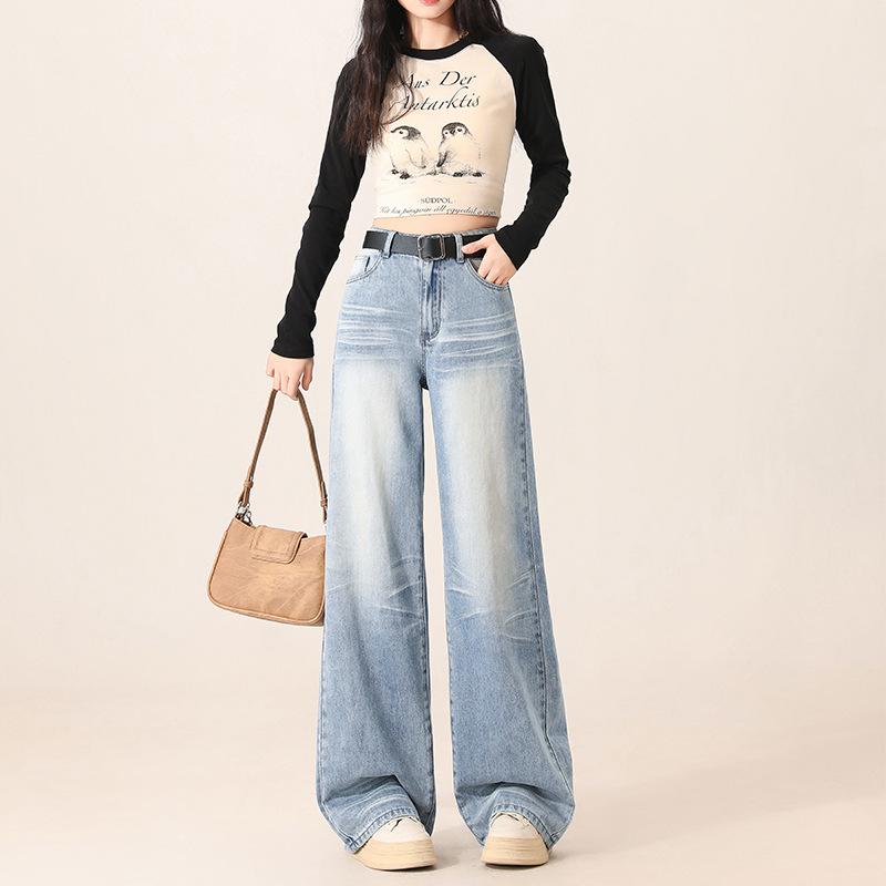 Summer 2025 Women's Light Blue High-Waist Wide-Leg Jeans - Slim Drape, Loose Fit, Narrow Straight Style