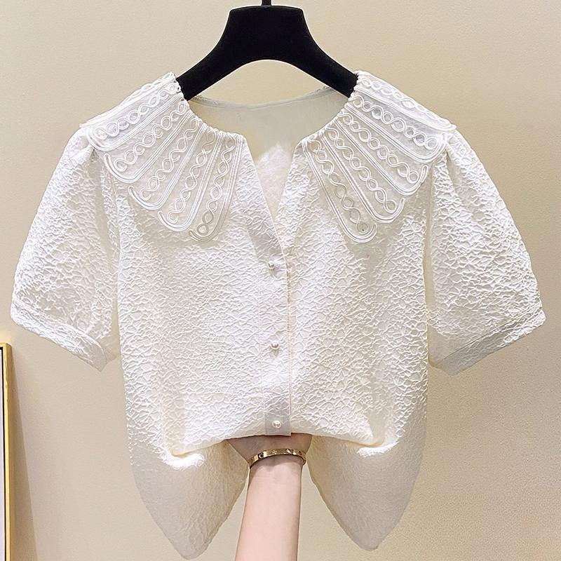 Plus Size Women Doll Collar Short Sleeve Shirt Letnia Vintage Jacquard Top