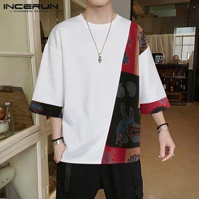 Sommer Herren Oansatz Kurzarm T-shirt Lose Beiläufige Vintage Gedruckt Patchwork Tops