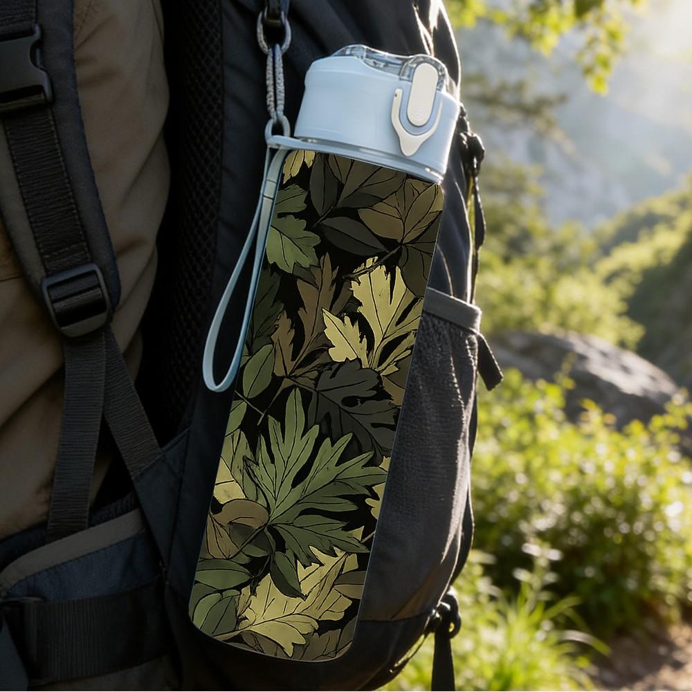 1PC Dark Camouflage Leaf Texture Print 750ml Color Plastic Sports Water Bottle Leakproof Flip Straw Lid Suitable for Sports Office Home Use