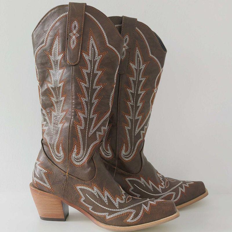 Fashion IPPEUM Red Western Cowboy Boots For Women Embroidered Pointed Toe Shoes Free Shipping Knee High Wide Calf Cowgirl Boots