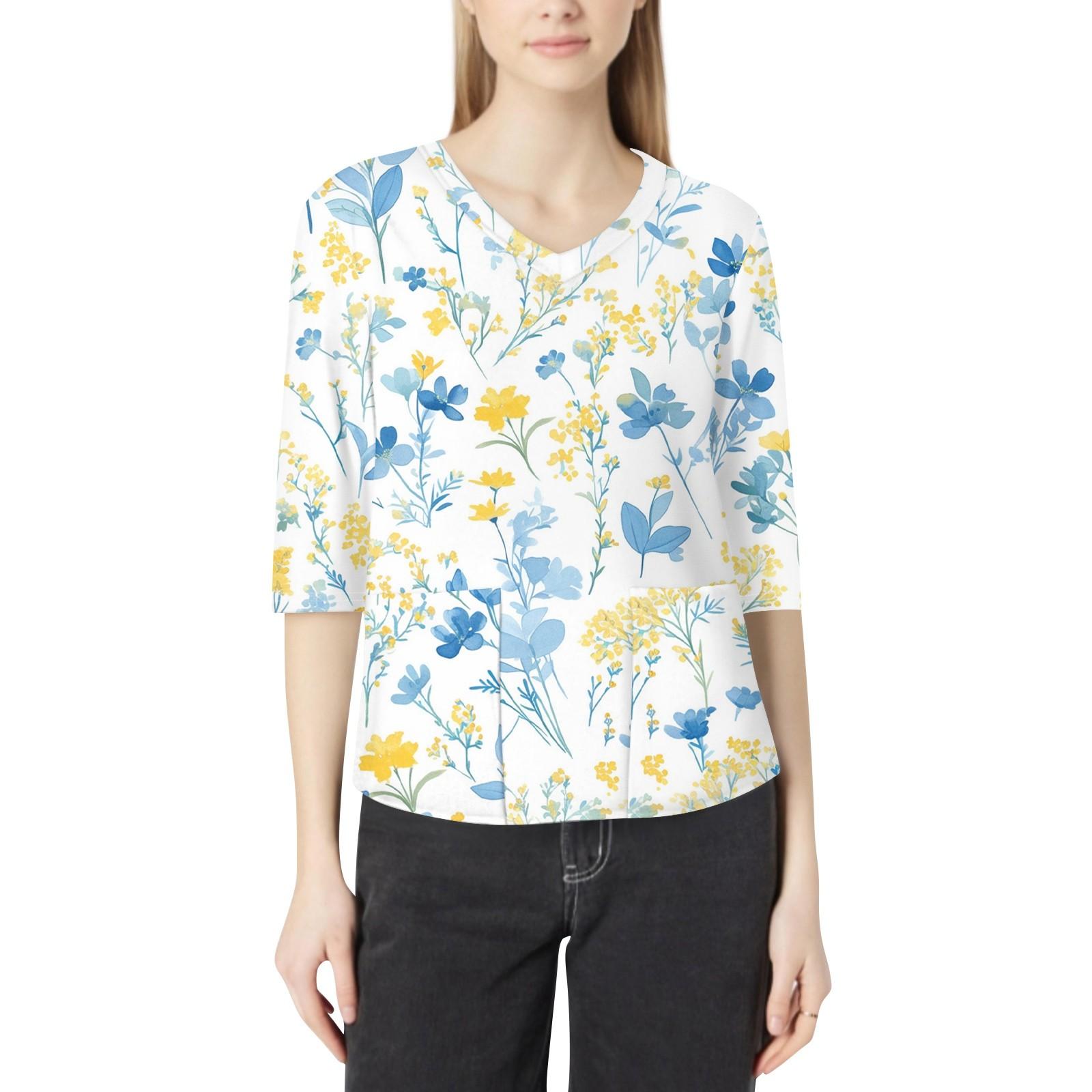 

Модний жіночий робочий одяг з V-подібним вирізом і рукавами 3/4, вільні топи з кишеньковими принтами XXL