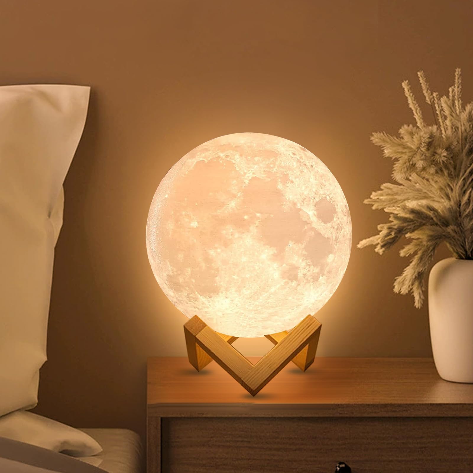 

Moonlight [New Upgrade Model] with Remote Control, Popular Item for Ambient Lighting, 3D Printed, USB-C Rechargeable, Tap-to-Dim, 16 Colors, Wooden