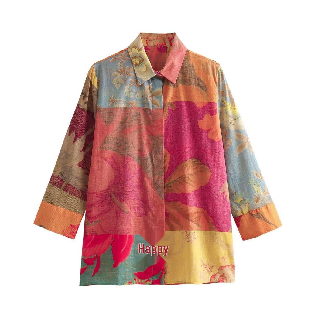 2024 Frühling/Sommer Damen Farbblock-Print Hemd und Rock Set