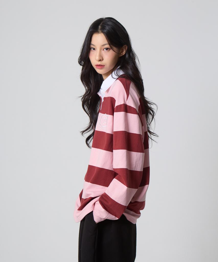 UNKNOWN PLANET Striped Rugby Collar Shirt Pink