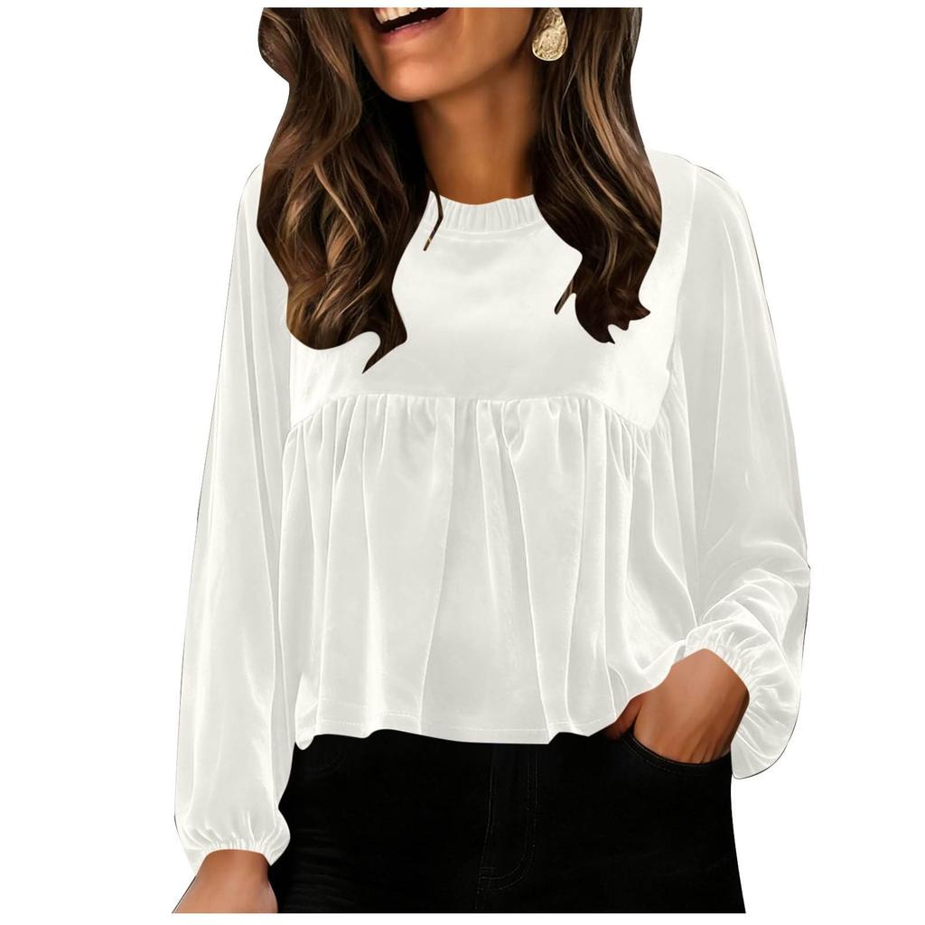 Women Loose Crewneck Babydoll  Long Sleeve Elegant Sleeve Velvet Blouse