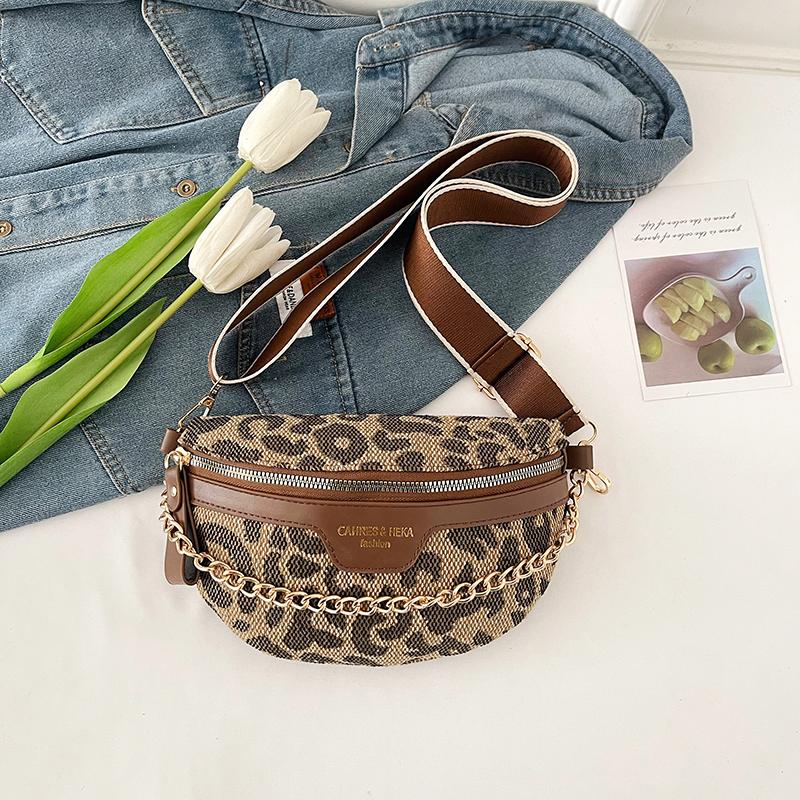 

Chain Waist Bag Leopard Printing Handbag Canvas Fanny Pack Women 2026 New Fashion Waist Pack Small Saddle Crossbody Chest Bag