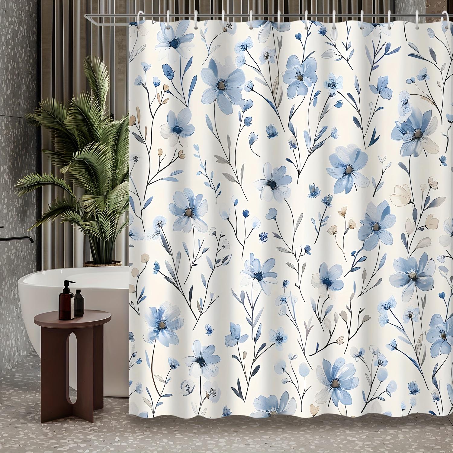 1pc Blue Elegant Floral Botanical Small Flowers Textured Shower Curtain, Decorative Printed Shower Curtain with Hooks 90X180cm