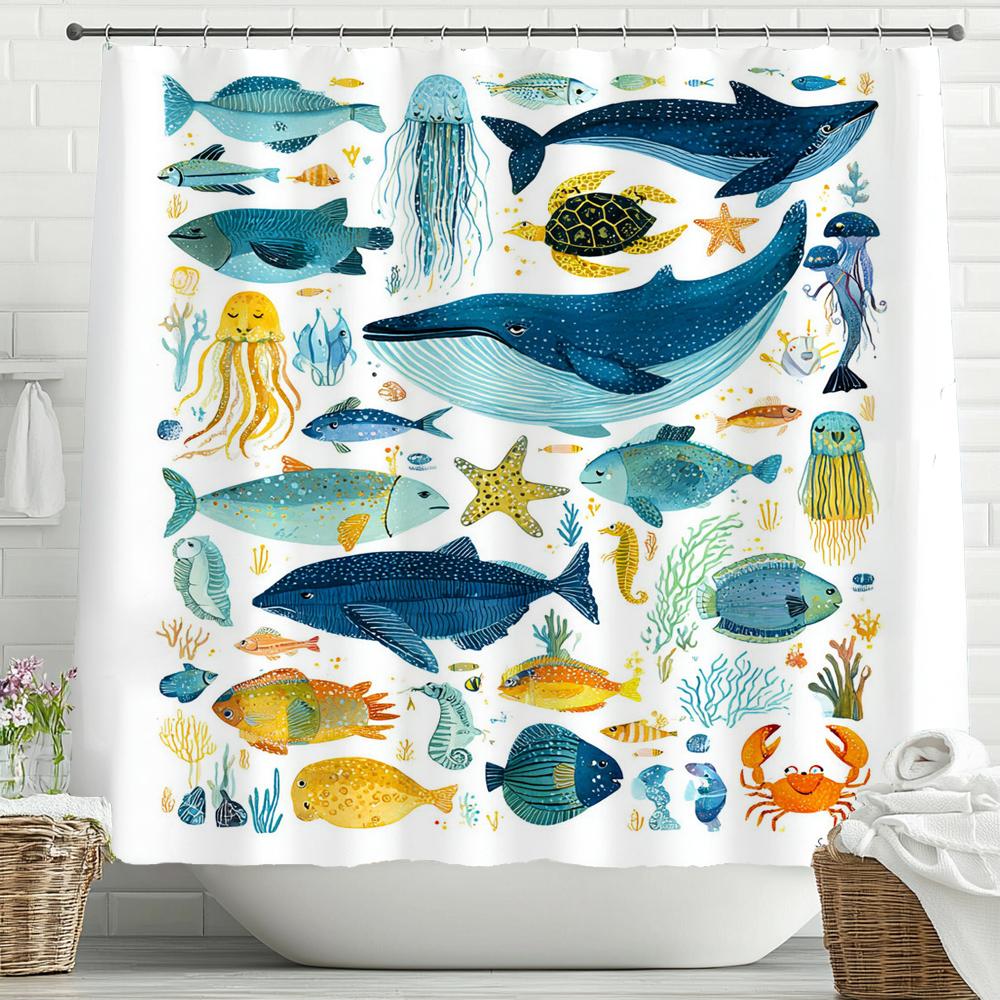 

Cartoon Blue Sea Dolphin Underwater World Printed Shower Curtain, Bathroom Shower Curtain, Home Decorative Curtain With Hooks W60H190(CM)-1 Pcs