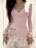 Retro Floral V-Neck Slimming Long Sleeve Ribbed T-Shirt