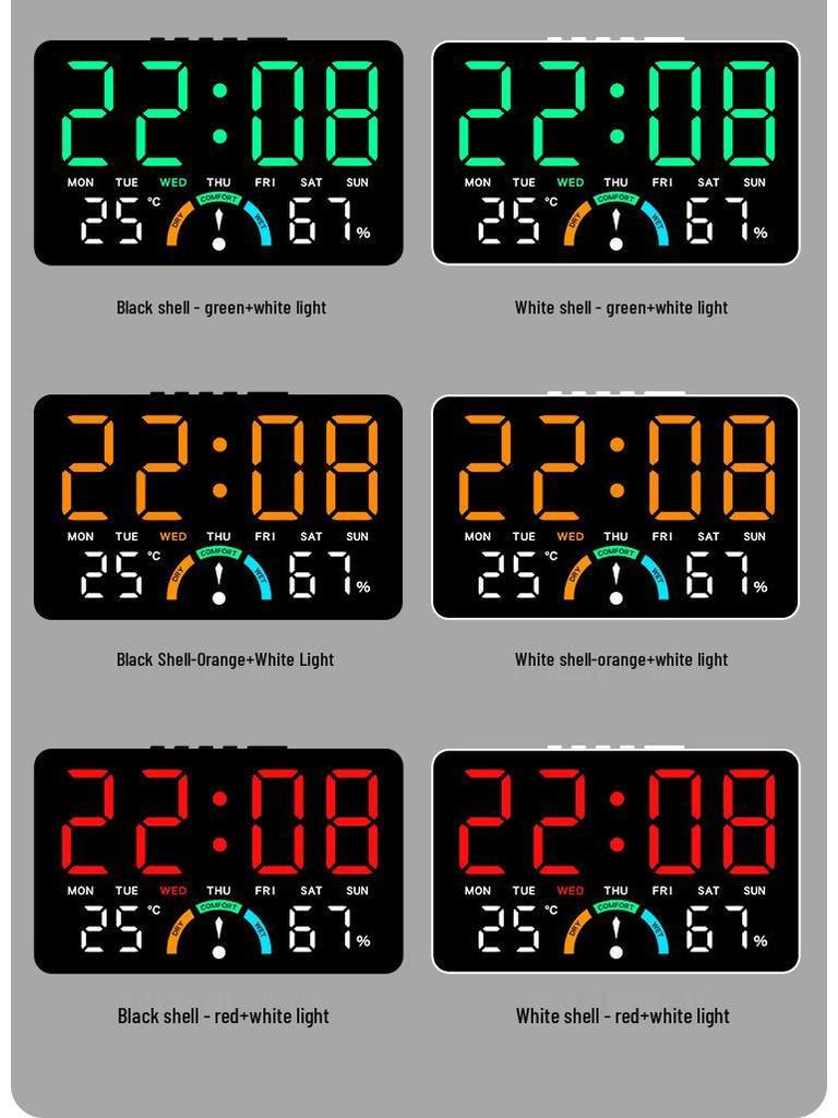 GH9007 Multifunctional LED Clock: Large Screen, Wall-Mountable & Tabletop, with Temperature, Humidity, and Alarm Features.