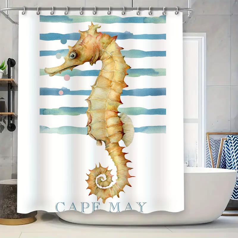 

Seashell Bathing Shower Curtain With Cape May Design Blue Striped Waterproof Home Decor W60H190(CM)-1 Pcs