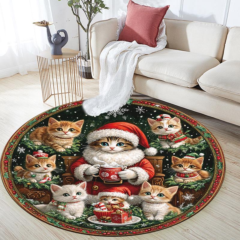 Cats and Santa Claus Round Area Rug,Carpet Rug for Living Room Bedroom Sofa Playroom Decor,Non-slip Floor Mat