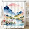 Watercolor Scene Shower Curtain Nature Landscape with Mountains and Flowers Pink Clouds Above Waterfall Decorative Fabric Liner