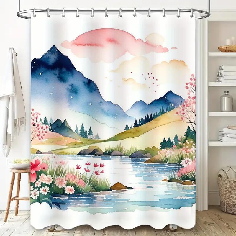 Watercolor Scene Shower Curtain Nature Landscape with Mountains and Flowers Pink Clouds Above Waterfall Decorative Fabric Liner