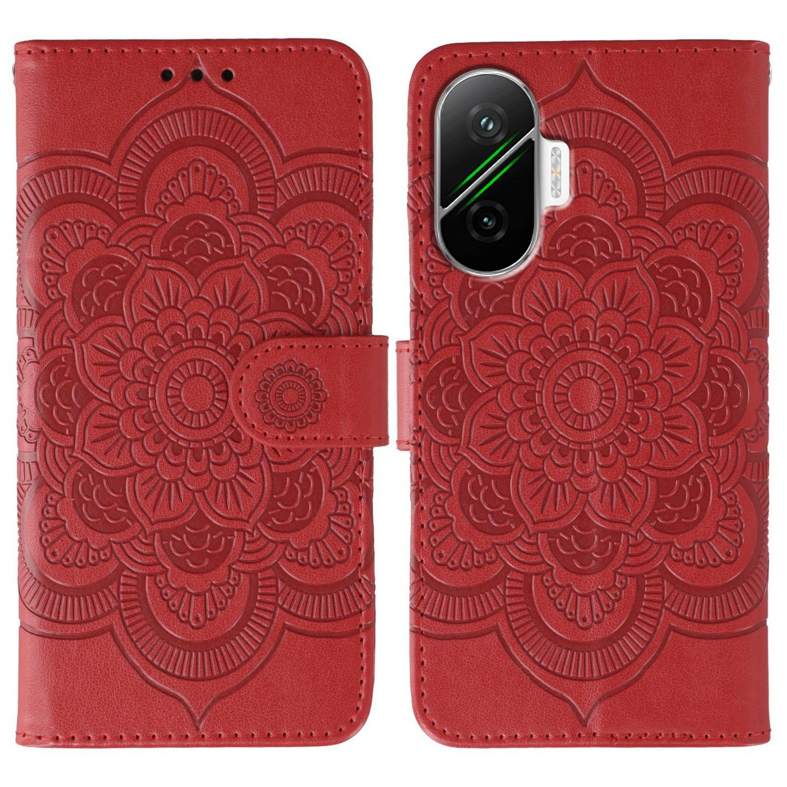 

For Xiaomi Poco F7 5G/Redmi Turbo 4 Pro 5G Case PU Leather Mandala Imprinted Design Wallet Phone Cover with Wrist Strap Red