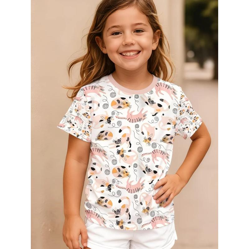 Girl Clothing Summer Kawaii Cat Graphic 3D Print T-Shirt Kids Girls Clothes Outdoor Short Sleeve Causal Children Top for Girls