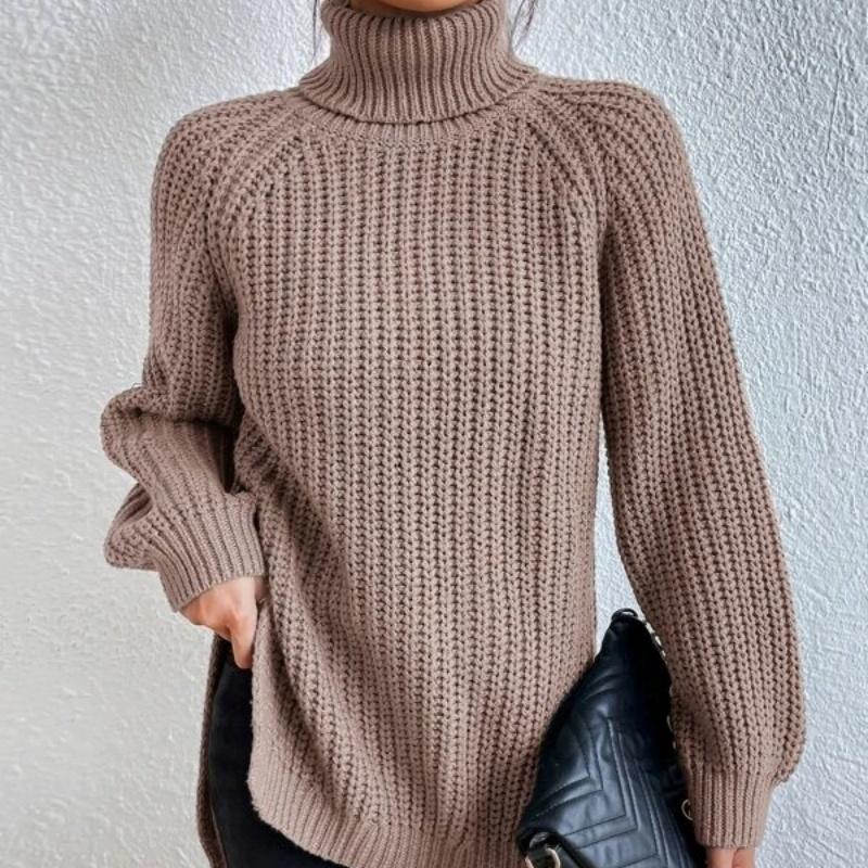 Autumn and Winter Chic Knitwear Mid-length Raglan Sleeves High Lapel Split Sweater Ladies