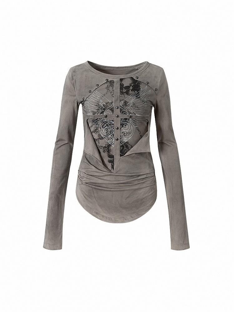 Женская винтажная футболка с длинным рукавом в готическом темном стиле с принтом заклепок Small серый